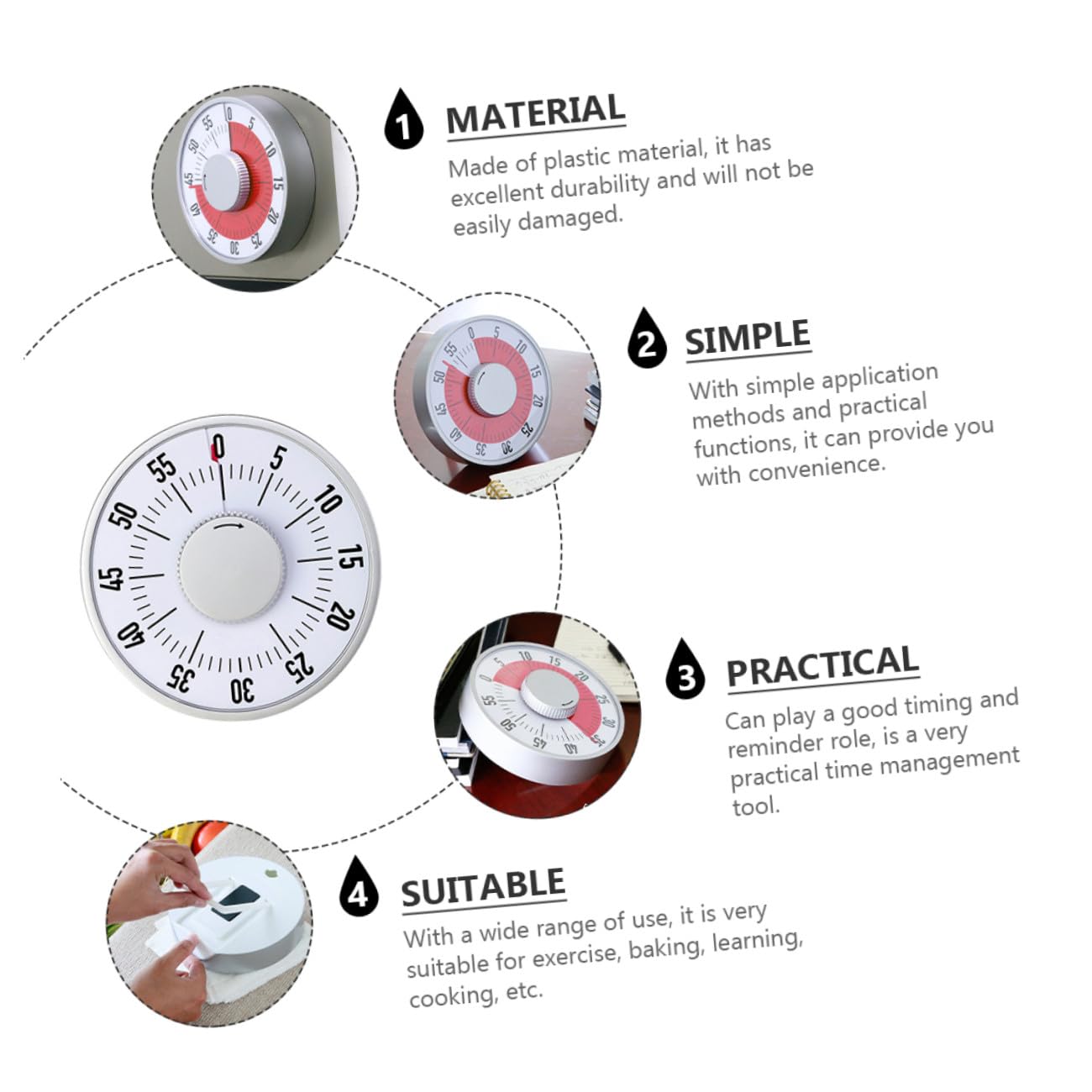 ULTECHNOVO Temporizador Mecánico Cuerpo de Abs Blanco de Cocina y Estudio, Cuenta Regresiva Alarma Adecuado para Cocinar, Hornear y Ejercicios