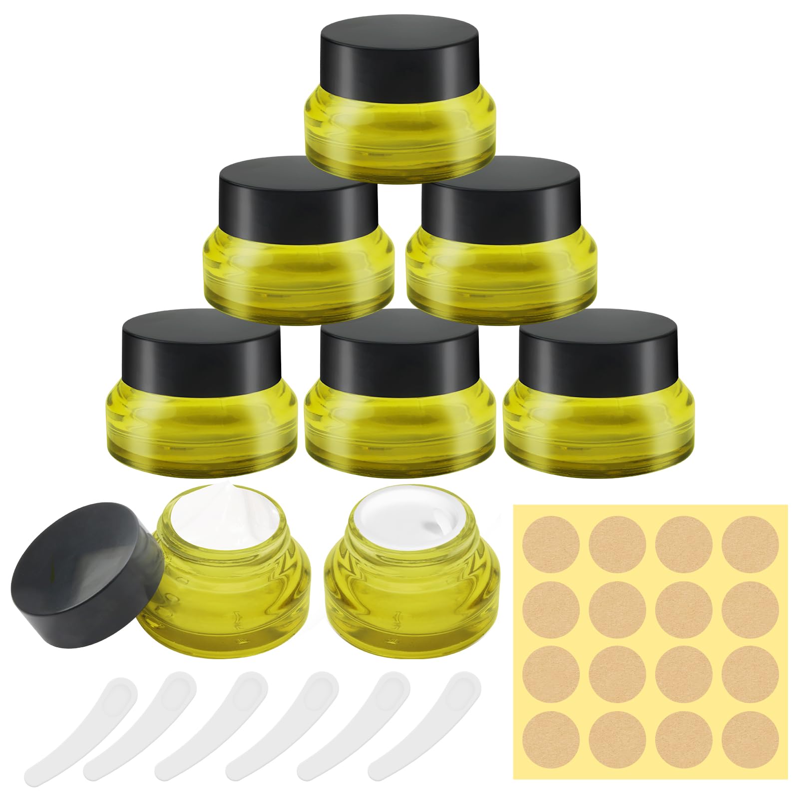 6 Pack Amber Glass Jars 30ml, Empty Cosmetic Jars with Lids, 6 Spatula & 16 Labels