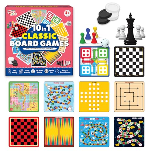 Image of 10 in 1 Classic Board Games Set for Kids & Family | Includes Ludo, Chess, Snakes & Ladders, Checkers, Backgammon & More | Indoor Strategy Games, Fun Educational Gift for 5+ Years
