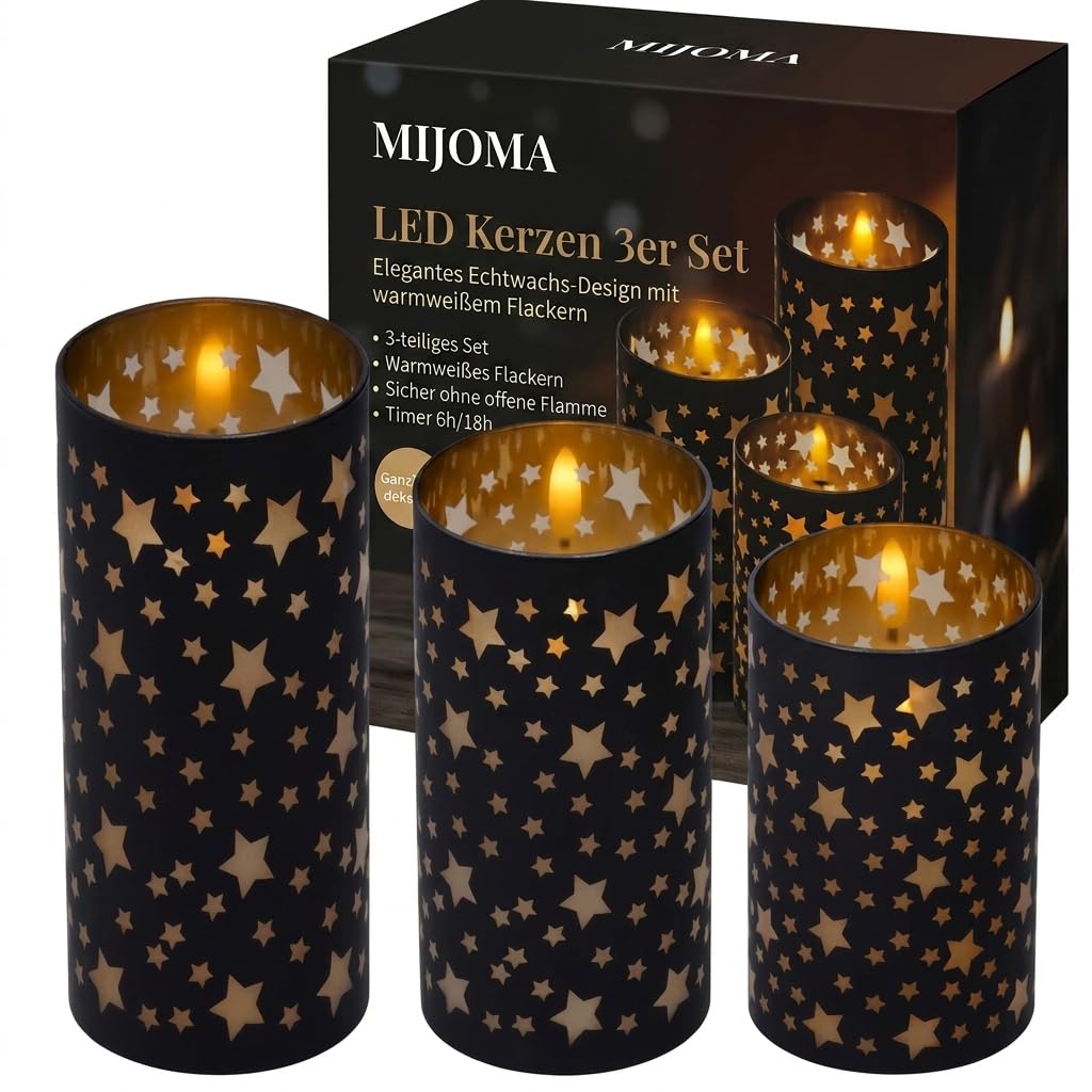 MIJOMA Set di 3 candele a LED, candele di cera con effetto fiamma e timer, bianco caldo, nero, con motivo a stelle, funzionamento a batteria