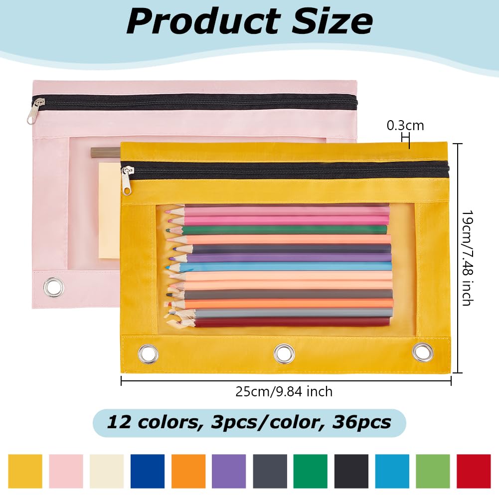 36 Astuccio trasparente con finestrella per raccoglitori, astuccio con chiusura lampo, 3 raccoglitori, per ufficio e casa, 12 colori