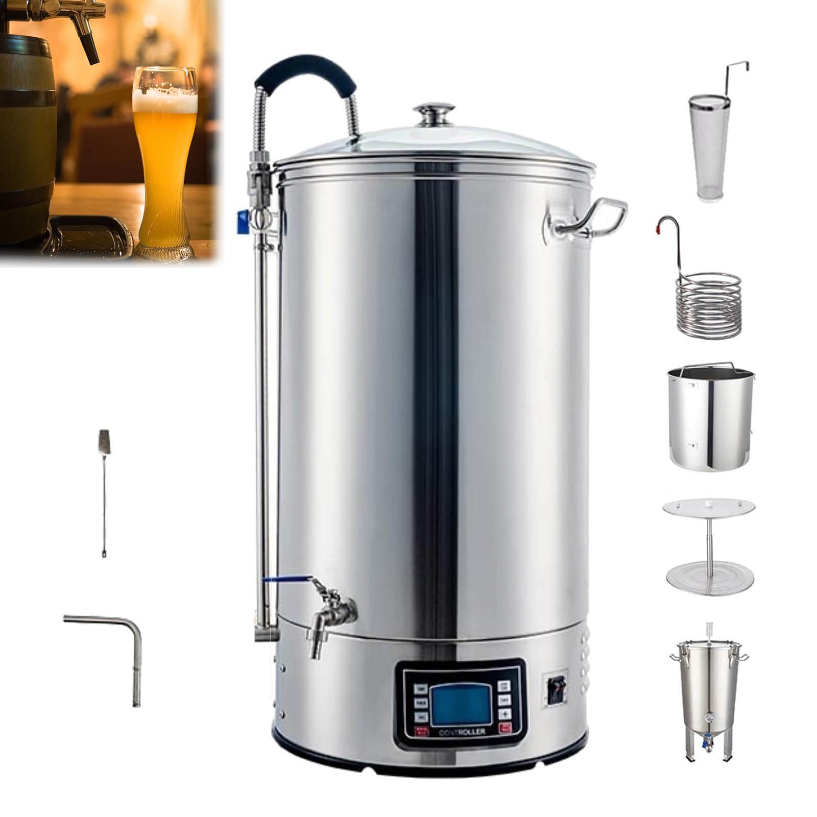 Sistema de Elaboración de Cerveza Eléctrico para Uso Doméstico y Comercial, Equipo de Maceración y Hervido de Cerveza con Pantalla Digital, Kit de Homebrew para Cerveza Artesanal (40L)