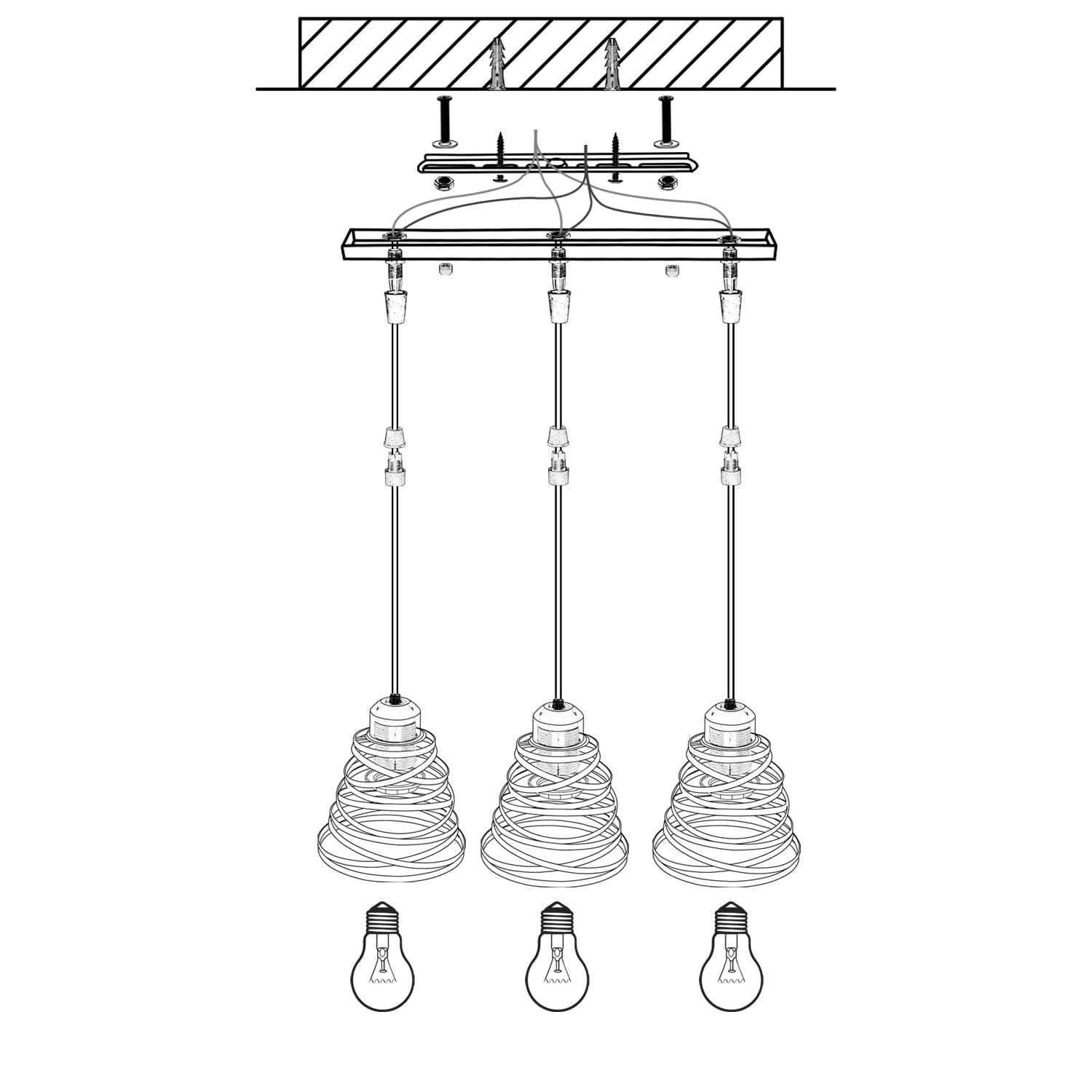iDEGU 3-flammig Pendelleuchte Moderne Spirale Design Metall Lampenschirm E27 Vintage Lampe Industrielle Hängelampe für Schlafzimmer Wohnzimmer Küche Esszimmer (3-flammig Hängeleuchte, Schwarz, Balken)