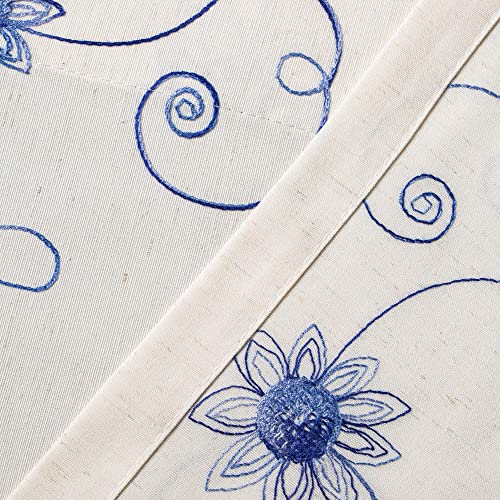 Image of VOGOL Linen Textured French Door Curtains, 40 Inches Long Floral Embroidered Rustic Door Panel, 1 Piece Rod Pocket Curtain for Front Glass Windows, Blue on Beige