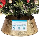 BIRDROCK HOME 4-Panel Hammered Metal Christmas Tree Collar - Stylish Holiday Tree Skirt Alternative - Durable Iron Construction Base Cover - Protects Tree Base from Pets - Easy Assembly - Gold
