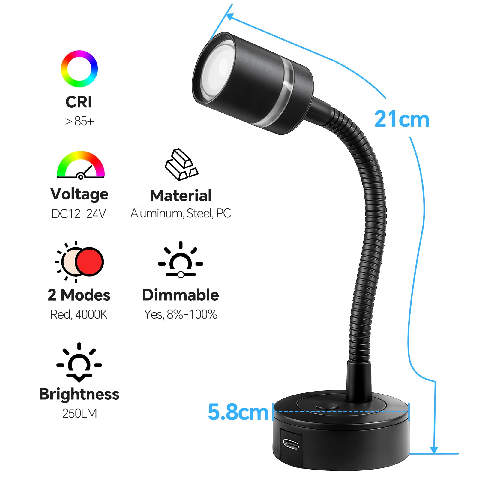 acegoo Lampe de lecture LED 12V camping-car, dimmable 4000K et veilleuse rouge, 20W chargeur type-c intégré, col de cygne flexible lumière pour bateau cabine camion van caravane, 2PCS (Court)