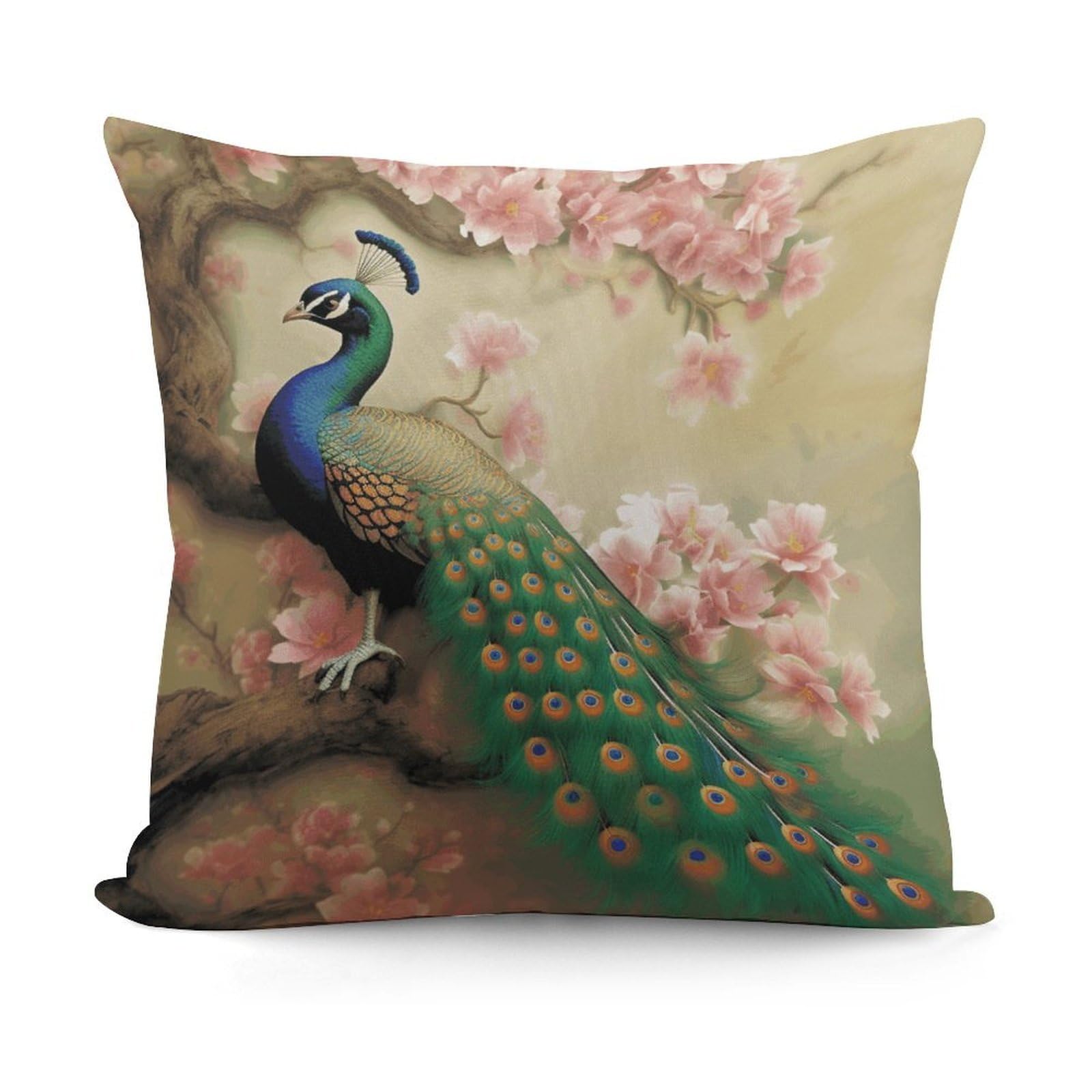 VstaDank Oriental Peacock on Flower Tree Throw Pillow Covers Fade-Resistant Plush Pillow Case Cozy Square Cushion Case Removable Pillowcase Exquisite Pillow Shams Soft Pillow Protector 18"x18"
