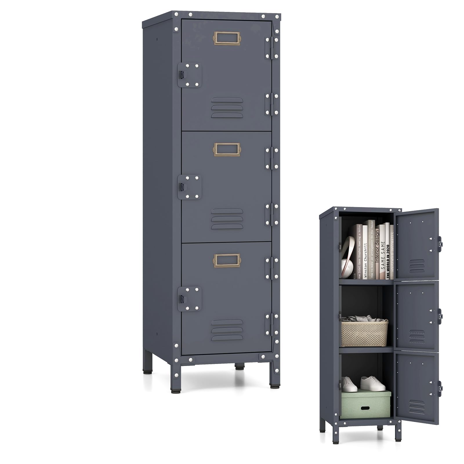 KOMFOTTEU Armario de Metal con 3 Puertas con Cerradura, 30 x 35 x 100 cm | Estantería Archivador con Dispositivo Antivuelco, Gabinete Vertical Industrial , Organizador para Oficina