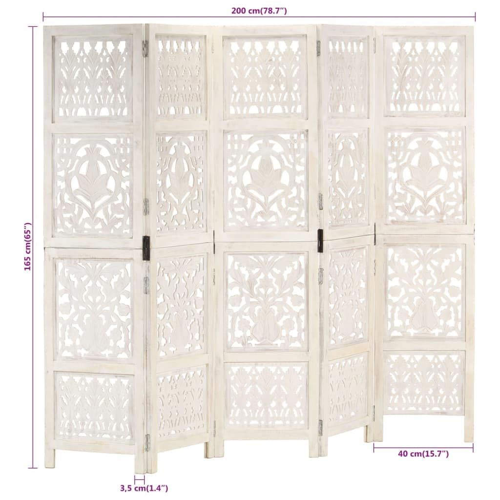 vidaXL Divisorio con 5 Pannelli Separè Speratore Paravento Richiudibile Mobili Arredamento Bianco 200x165 cm Legno Massello di Mango
