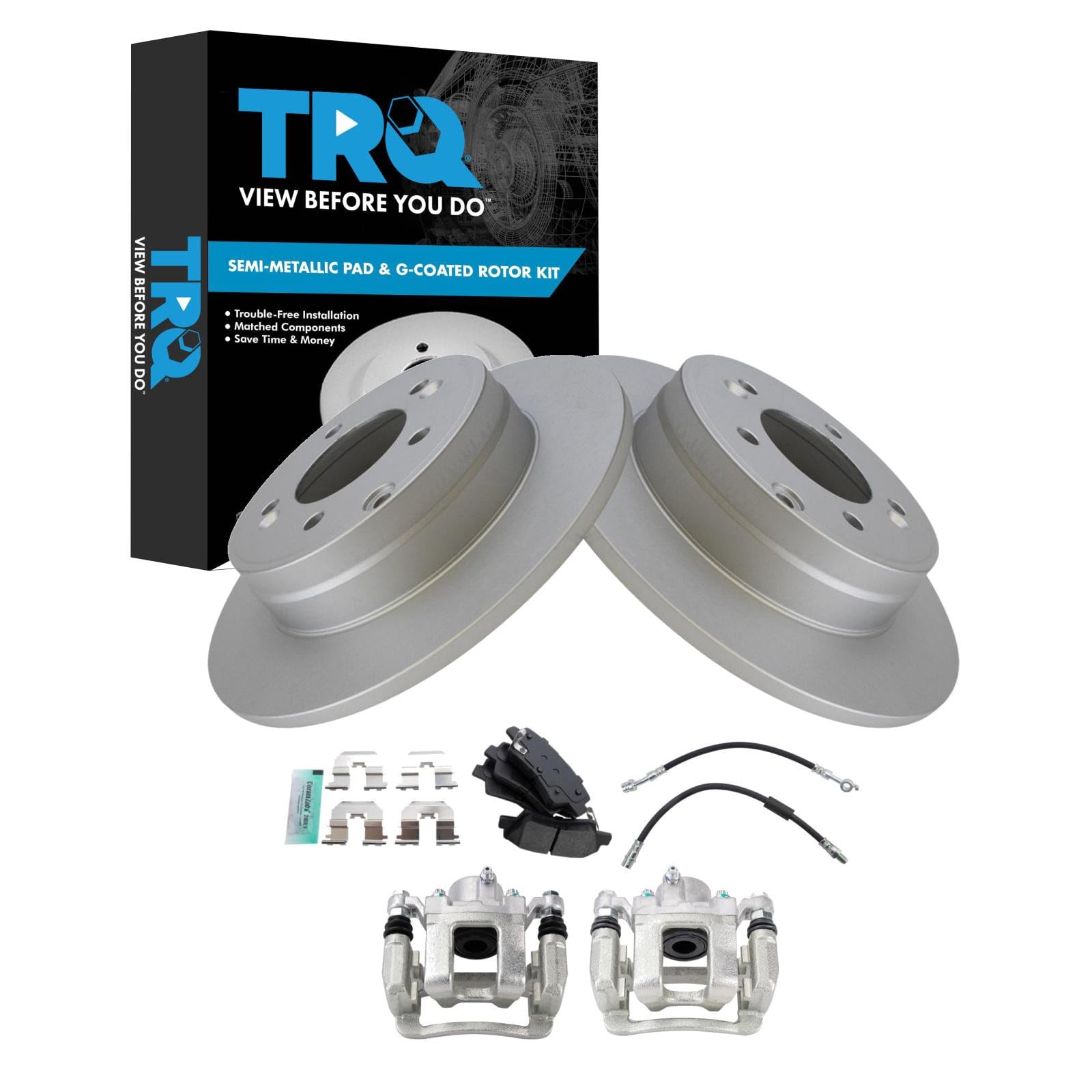 TRQ Rear Brake Pad and Rotor Set Semi Metallic Coated Rotors Calipers Hoses Compatible with 2014 Kia Optima