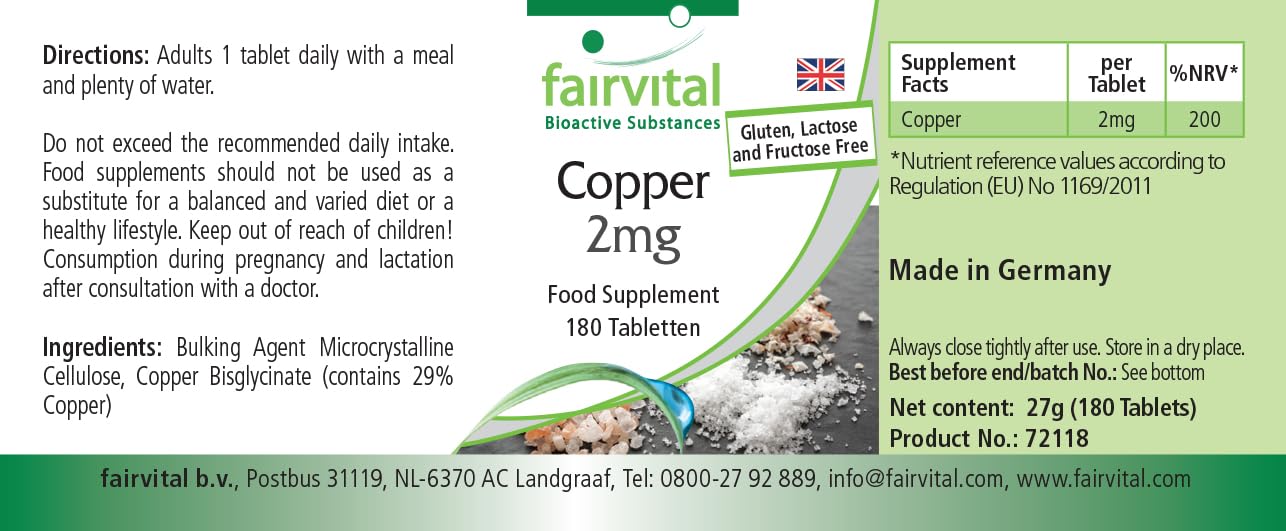 fairvital Rame 2 mg, 180 compresse, facili da deglutire, bisglicinato di rame, qualità testata e ad alto dosaggio, 100% vegano, Made in Germany