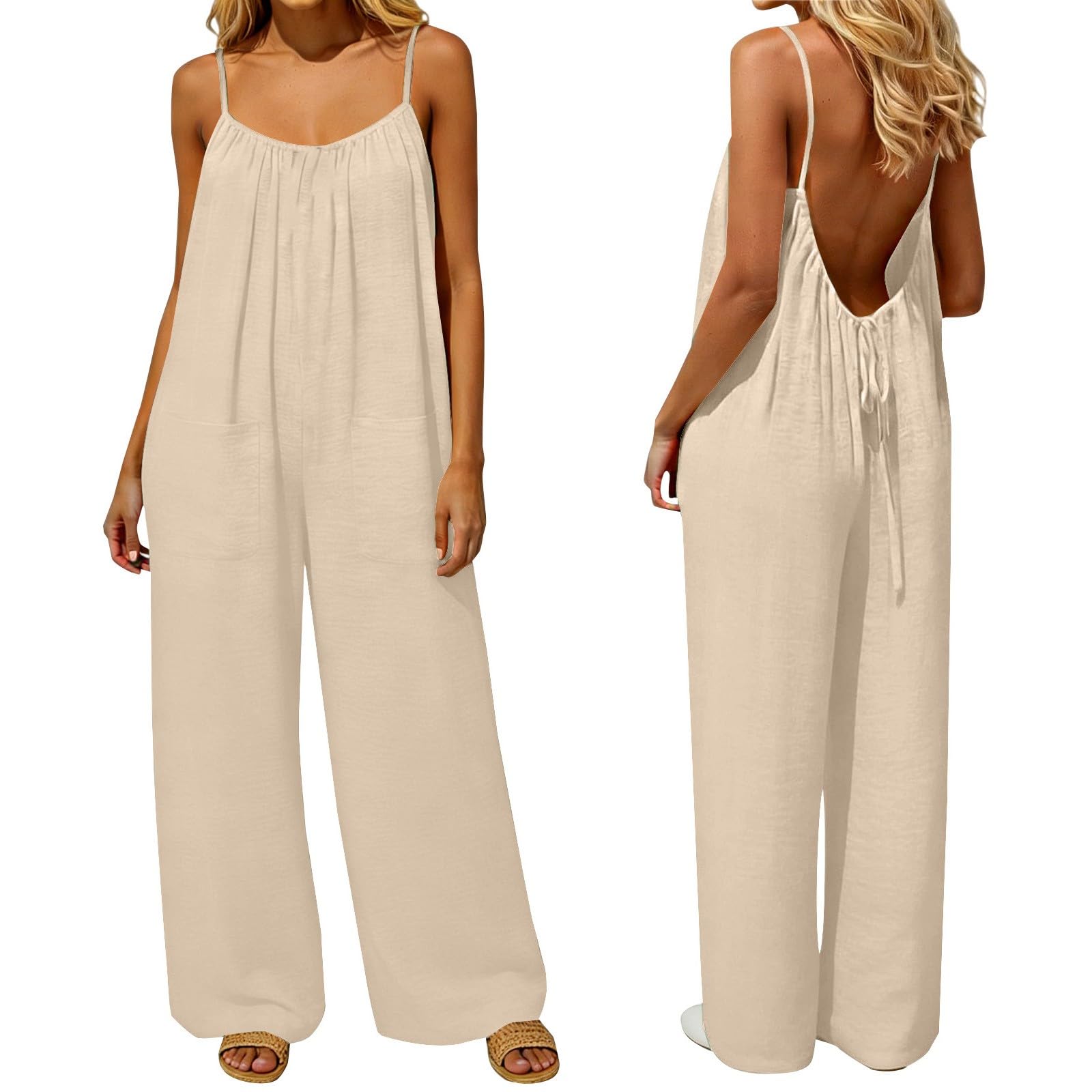 Tuta da donna elegante con spalline sottili, schiena scoperta | Salopette senza maniche, leggera e confortevole, a gamba larga, da lavoro, tinta unita, casual, per le vacanze