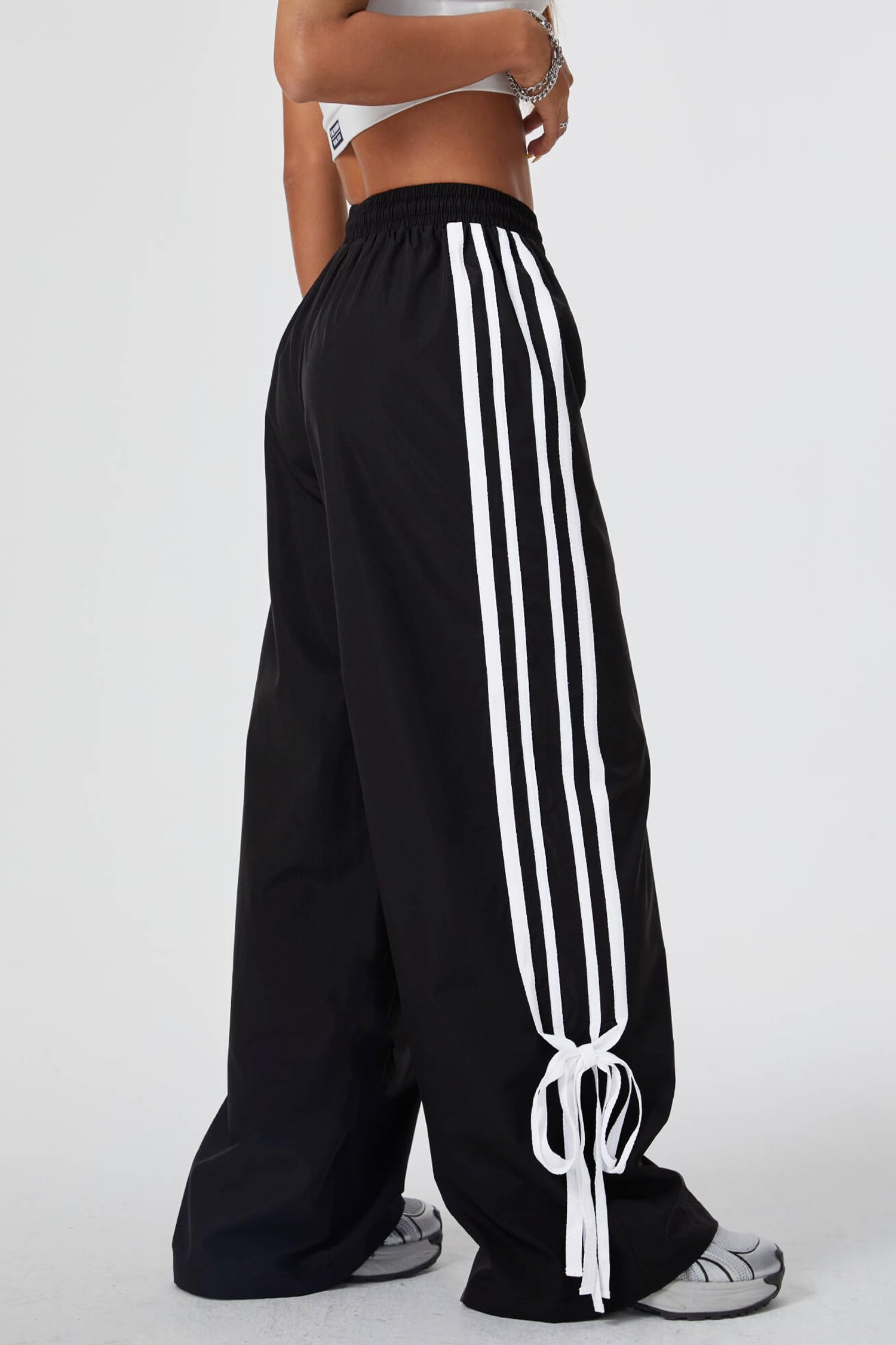Women's Y2K Baggy Bow Wide Leg Pants Striped Track Elastic Waist Long Sweatpants Parachute Pants