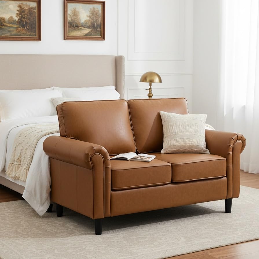 Image of Kingfun Loveseat 2 Seater Couch, Mid Century Modern Faux Leather Sofa with Rolled Arms and Deep Seats, Fluffy Comfort for Living Room, Apartment, Easy Assembly, Brown