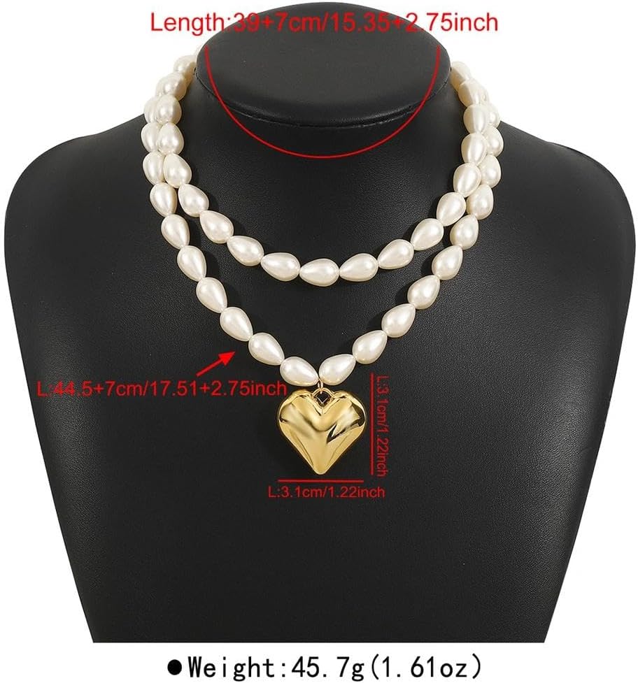 2Pcs Gold Pearl Heart Necklace for Women,Pearls Beaded Choker Puffy Heart Pendant Necklace,Vintage Chunky Layered Stackable Neck Jewelry - Image 4