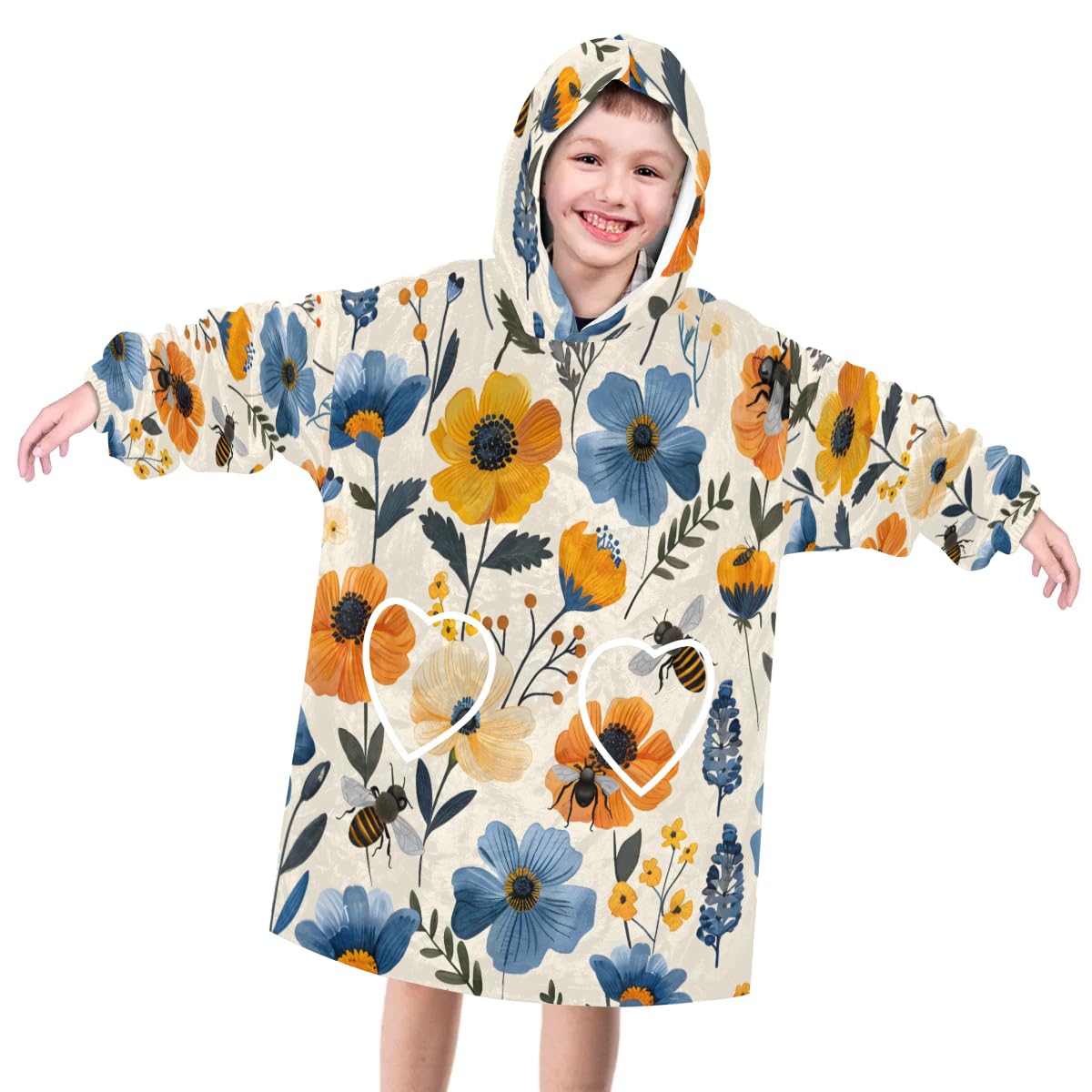 Wearable Blanket Hoodie for Kids, Dreamy Floral Fleece Sweatshirt Blanket Oversized Blanket Sweatshirt with Pocket Flannel Warm Hooded Blanket 6-10 Year Old Girl Boy Gift, One Size