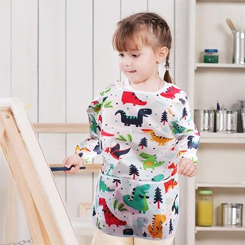 Vista 2 de Paquete de 2 delantales de pintura de dinosaurios para niños, impermeables, con manga larga y 3 bolsillos para niños de 3 a 8 años