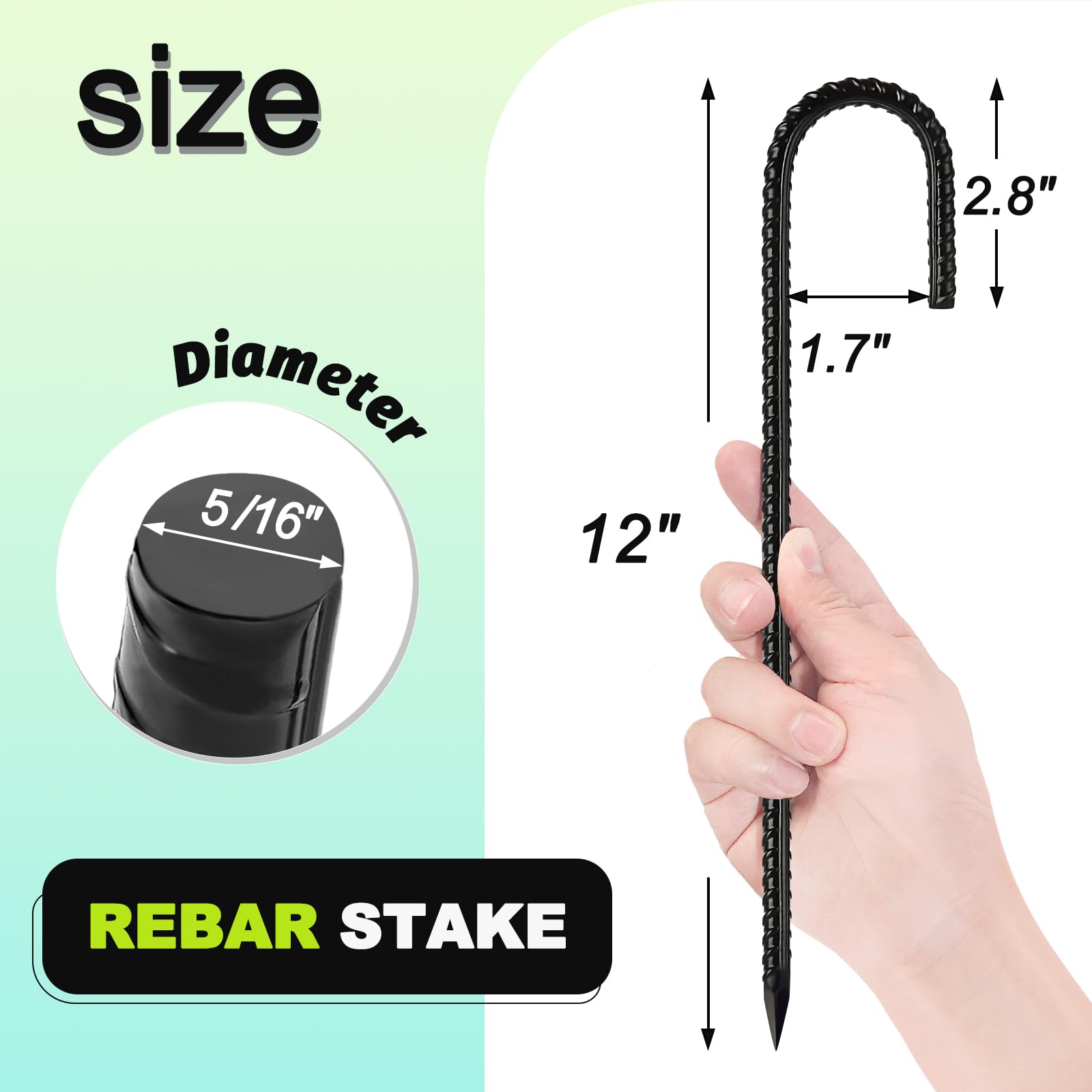 Kadrick Black Rebar Stakes 12 inch?J Hook Ground Stakes Anchors, 32-Pack Black Galvanized Fence Stakes,Heavy Duty 5/16'' Diameter