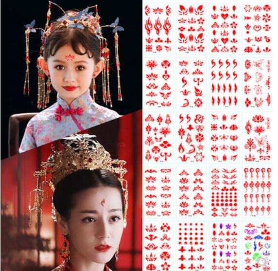 Vista 2 de 30 hojas de calcomanías chinas para la frente, juguetes para niños, niñas, mujeres, impermeables, para la frente, arte corporal, tatuajes temporales