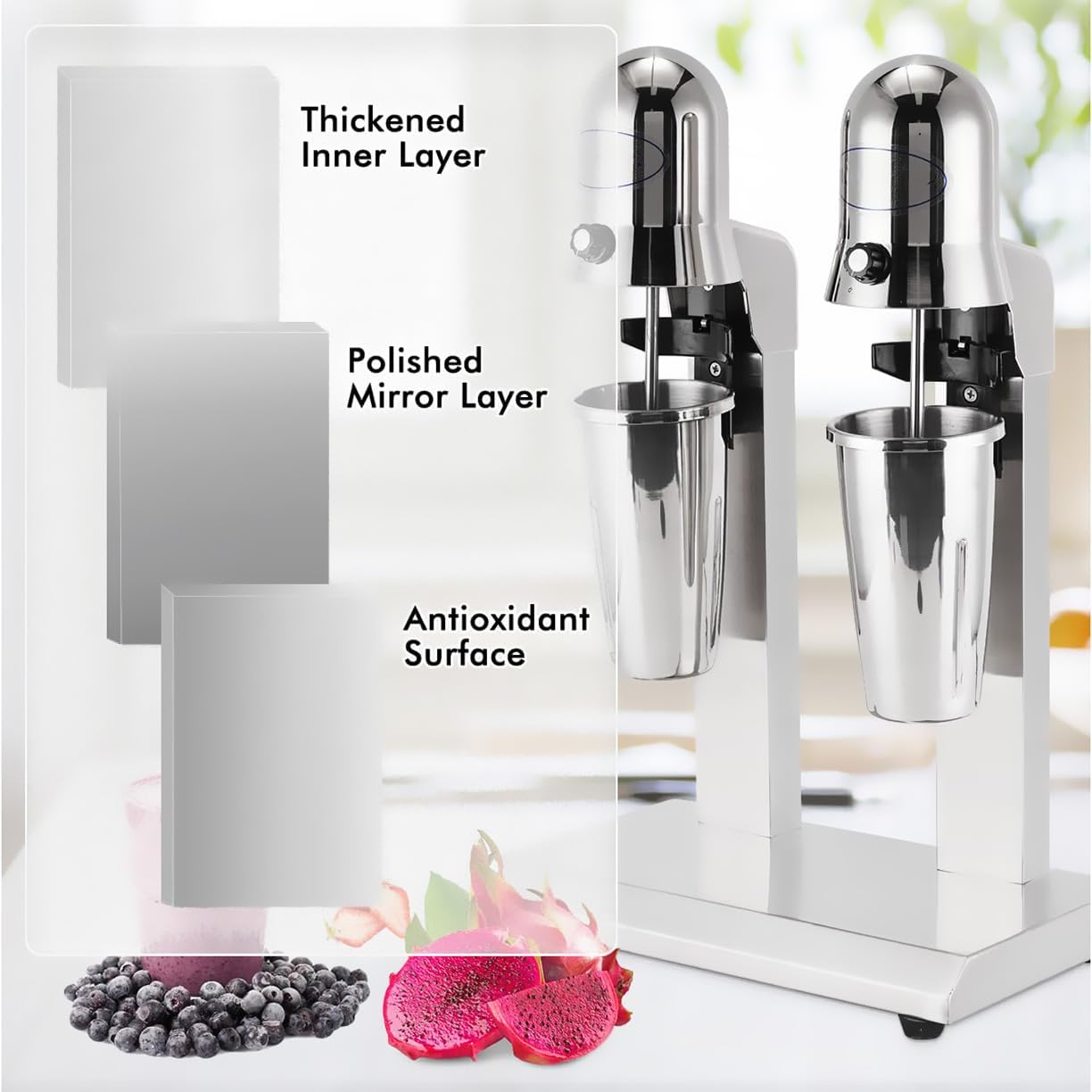 Frullatore Elettrico Professionale Per Milkshake Da 180 W, 18000 Giri/min, A Doppia Testa, Con Controllo A 2 Velocità E Microinterruttore, 2 Bicchieri Da 800 Ml, Ideale Per Bar E Caffetterie.