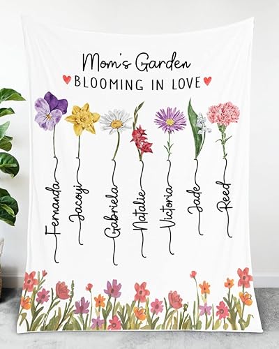 Love Signal Mom's Garden - Manta personalizada para mamá con nombres de niños, manta de jardín para abuela, regalo de manta de Navidad para el día