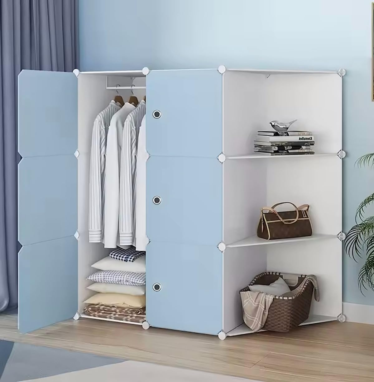 Sunderlook Plastic Wardrobe for Kids Clothes – Professional Collapsible Wardrobe, Easy to Use Foldable Almirah, Plastic Cupboard for Kids for Home (SkyBlue-HD2, 6 Door)