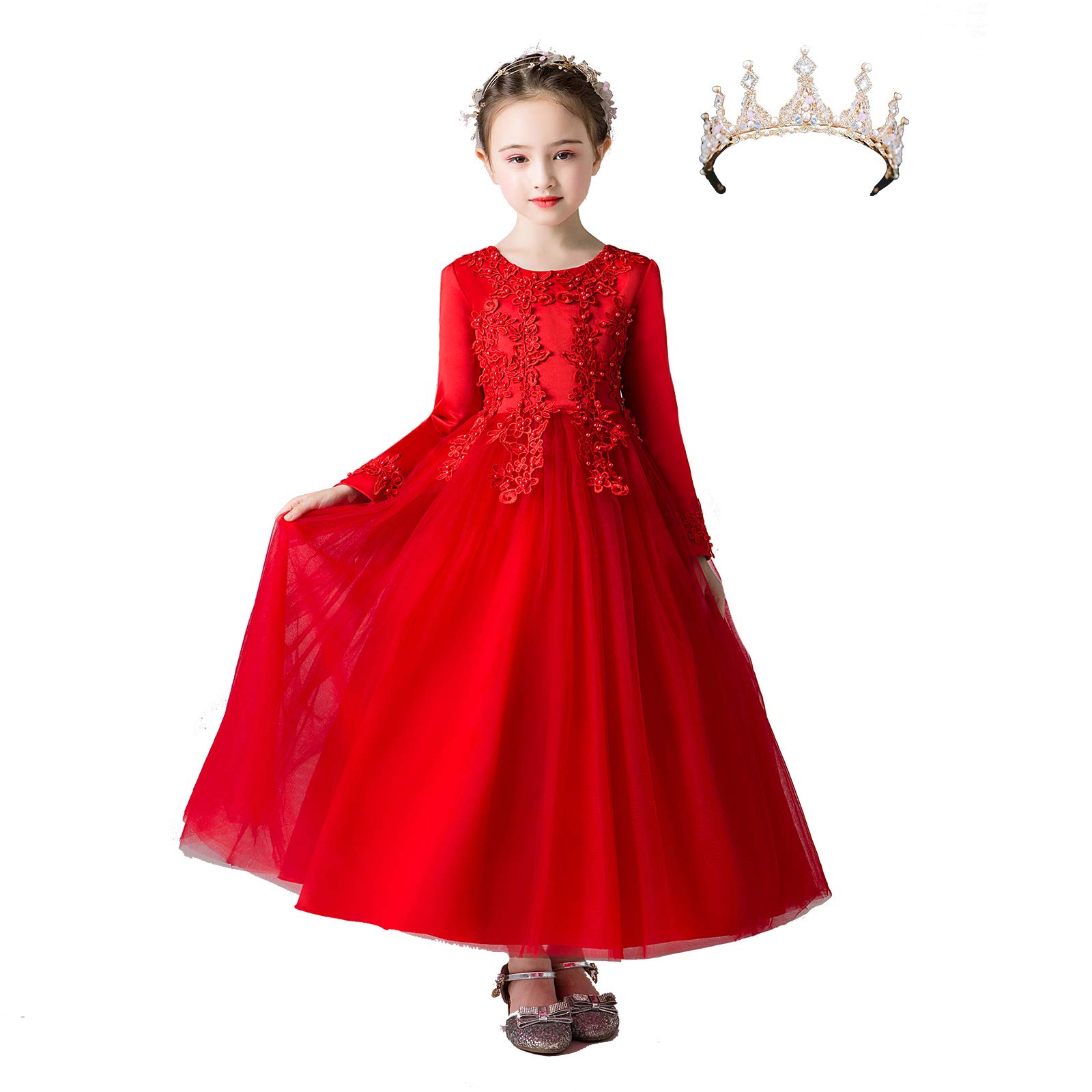 amropi Niñas Vestido de Princesa Fiesta Boda Flor Bordado Largo Manga Tul Vestidos + Corona 3-12 Años