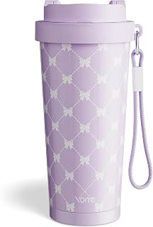 YOME 17oz Purple Bow Ceramic Lined Insulated Coffee Mug with Infuser for Women Gift| One-handed Pop Open Lid | Stainless Steel |Keep Drinks Cold and Hot| 100% Leak Proof