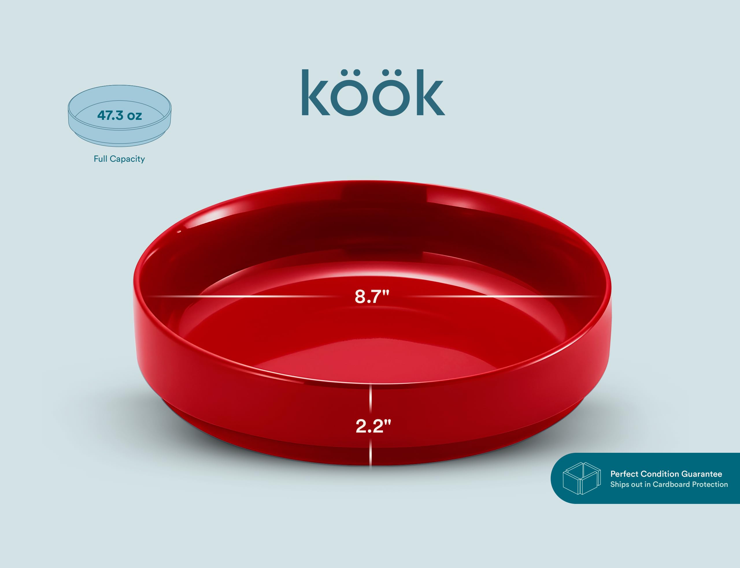 KooK Cuencos grandes de cerámica para pasta, aptos para microondas y lavavajillas, ideales para sopas y ensaladas, cuencos poco profundos, porcelana brillante, 48 onzas, juego de 4, rojo cereza