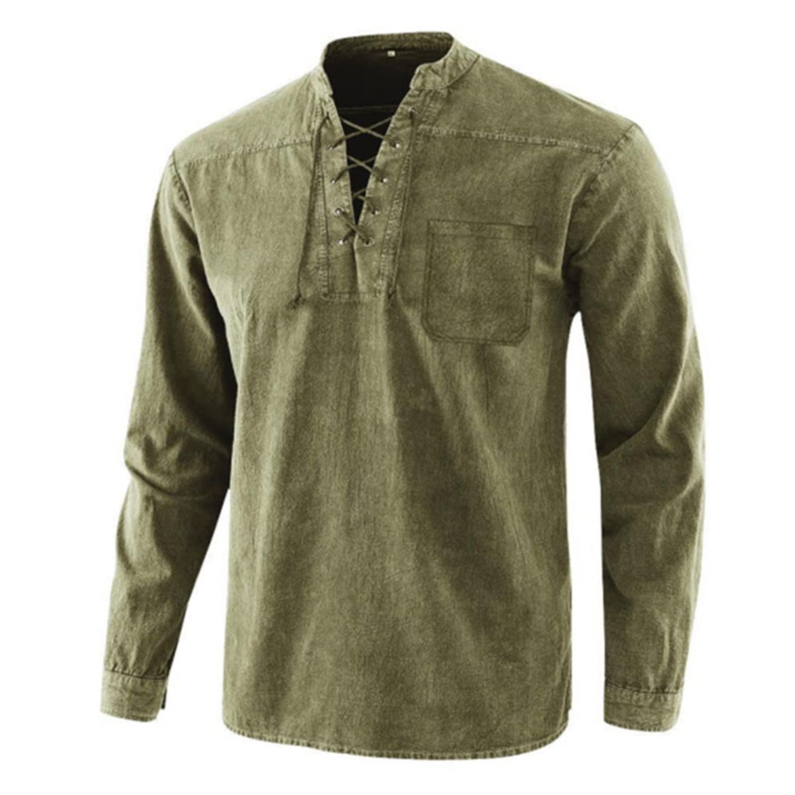 Men's Lace Up Long Sleeve Shirt Vintage V Neck T Shirt Solid Color