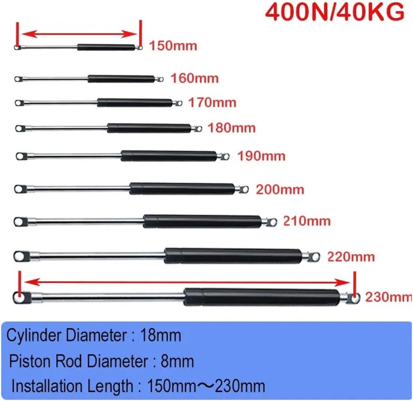 1PC 150mm-230mm 40kg/400N/90LBS Universal Strut Bars Spring Support Boot Bonnet Car Caravans Doors Windows Hatches Boat Bus(18-8-50-170)