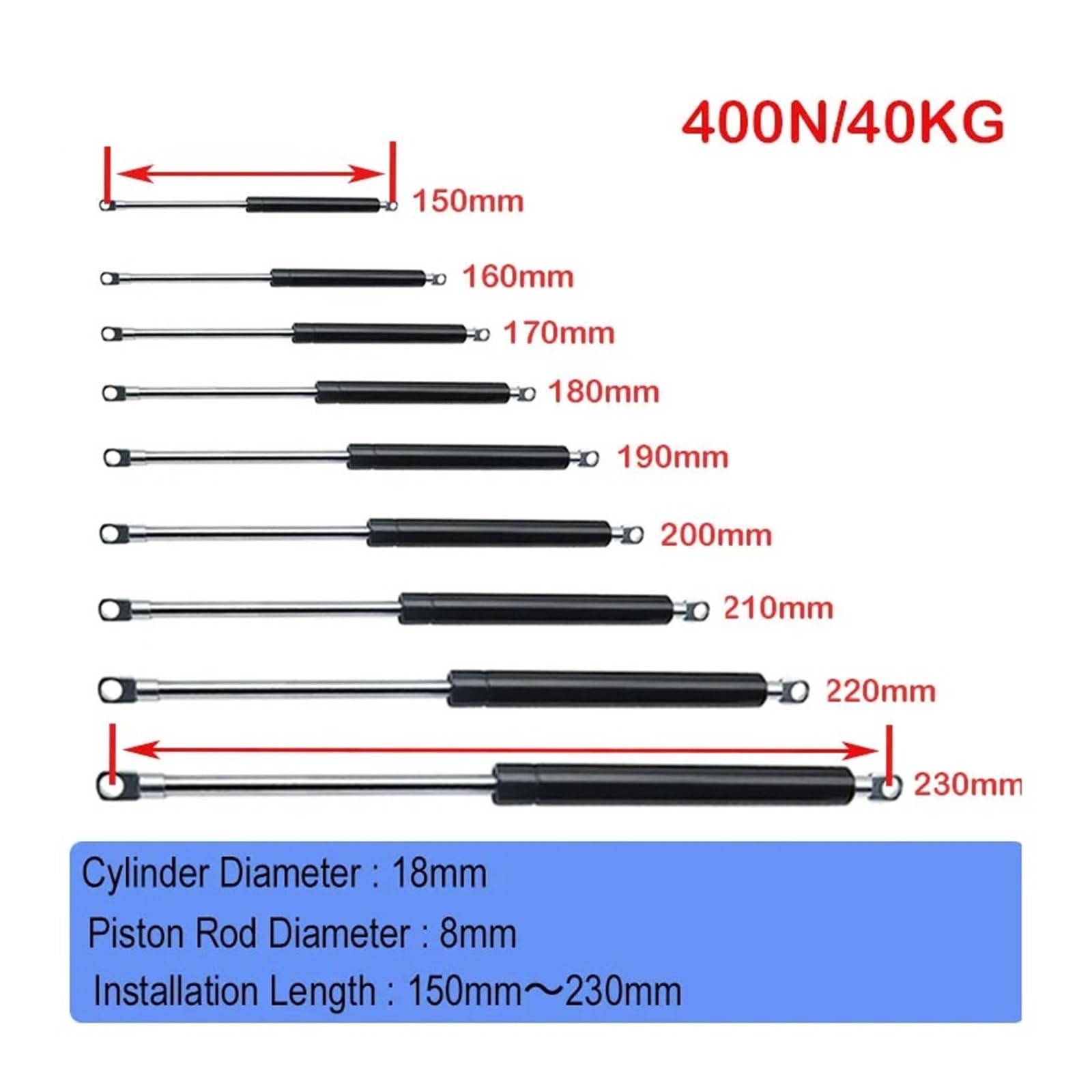 1 x uniwersalny pręt wzmacniający od 150 mm do 230 mm, 40 kg/400 N/90 funtów, sprężynowy wspornik do bagażnika, maski, samochodu, przyczepy kempingowej, drzwi, okien, włazów, łodzi, autobusów (18-8-50