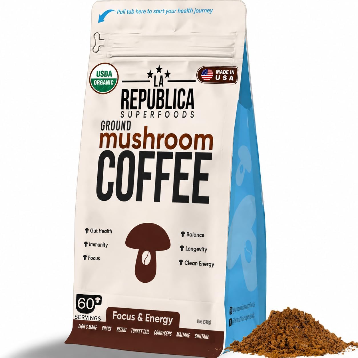 La Republica Organic Ground Mushroom Coffee, Medium Roast - 60 Servings | 7 Mushroom Superfood Blend โ Organic Arabica coffee blended with Lionโs Mane, Chaga, Reishi, Cordyceps & more.