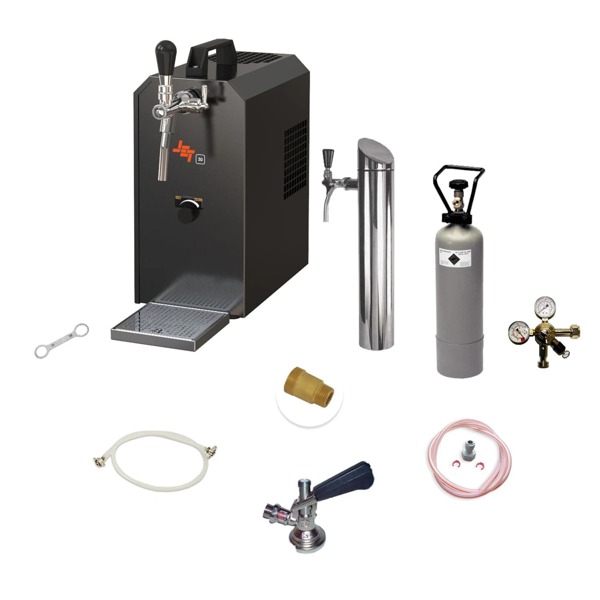 Sistema de tiro de cerveza Jet 30 bajo mostrador, enfriador en línea de 1 línea, enfriador seco, hasta 35 L/h, con columna, regulador CO2, botella 2 kg, juego de todo cabezal