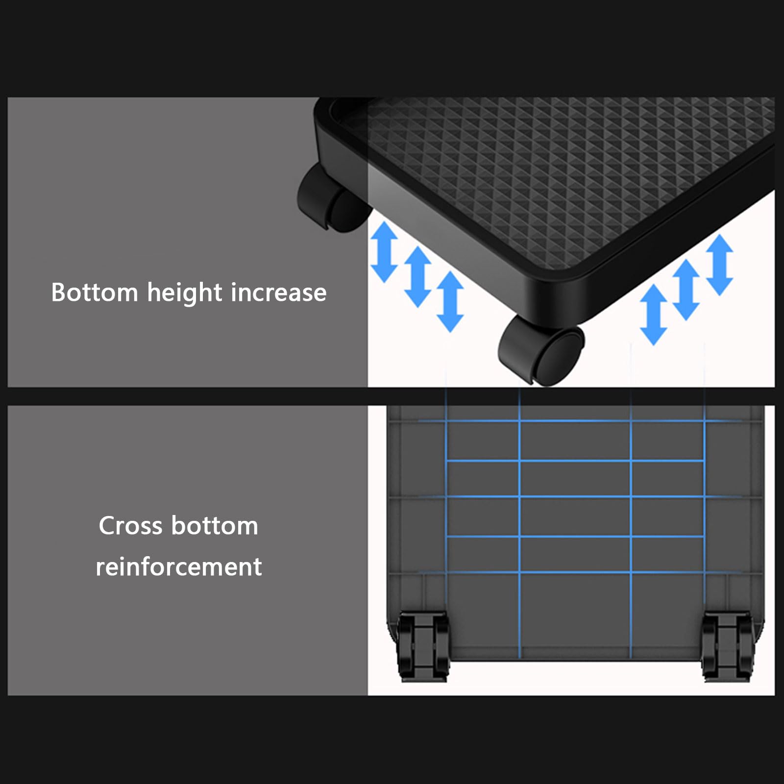 Carrito ajustable para computadora con asa fácil de transportar, textura de fibras de carbono, base de soporte móvil para torre de computadora