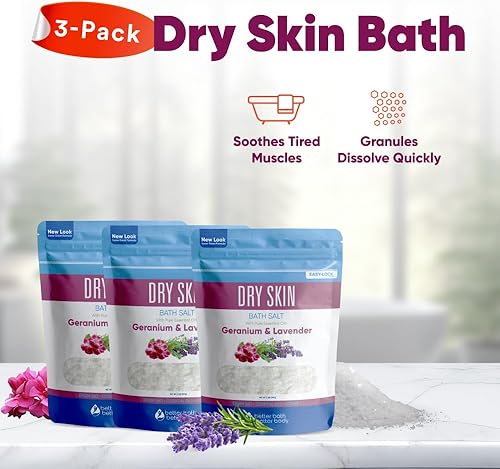 Miniatura 6 de Sal de baño para piel seca (paquete de 3 con cuchara) Sal de Epsom calmante para la piel con aceites esenciales puros en bolsa sin BPA con sello de