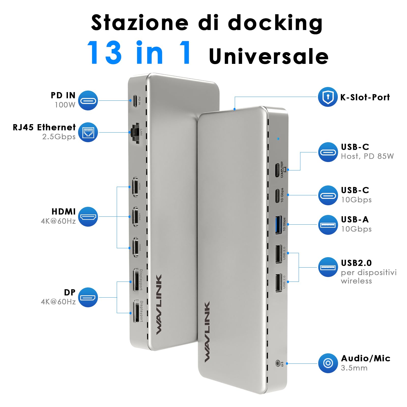 WAVLINK Docking station per 3 schermi, docking station SM770 con 3 HDMI, 2 DP, ingresso PD 100W, USB A&C 10Gbps, Ethernet 2.5G, compatibile con Intel Mac, Driver SMI e host USB 3.2 Gen 2 richiesti