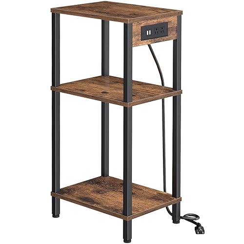 Creso hom Tall End Table with Charging Station and USB Ports, 3 Tier Narrow Side Table with Storage, Skinny Nightstand with Outlets for Bedroom, Living Room, Office, Rustic Brown and Black - Rustic Brown