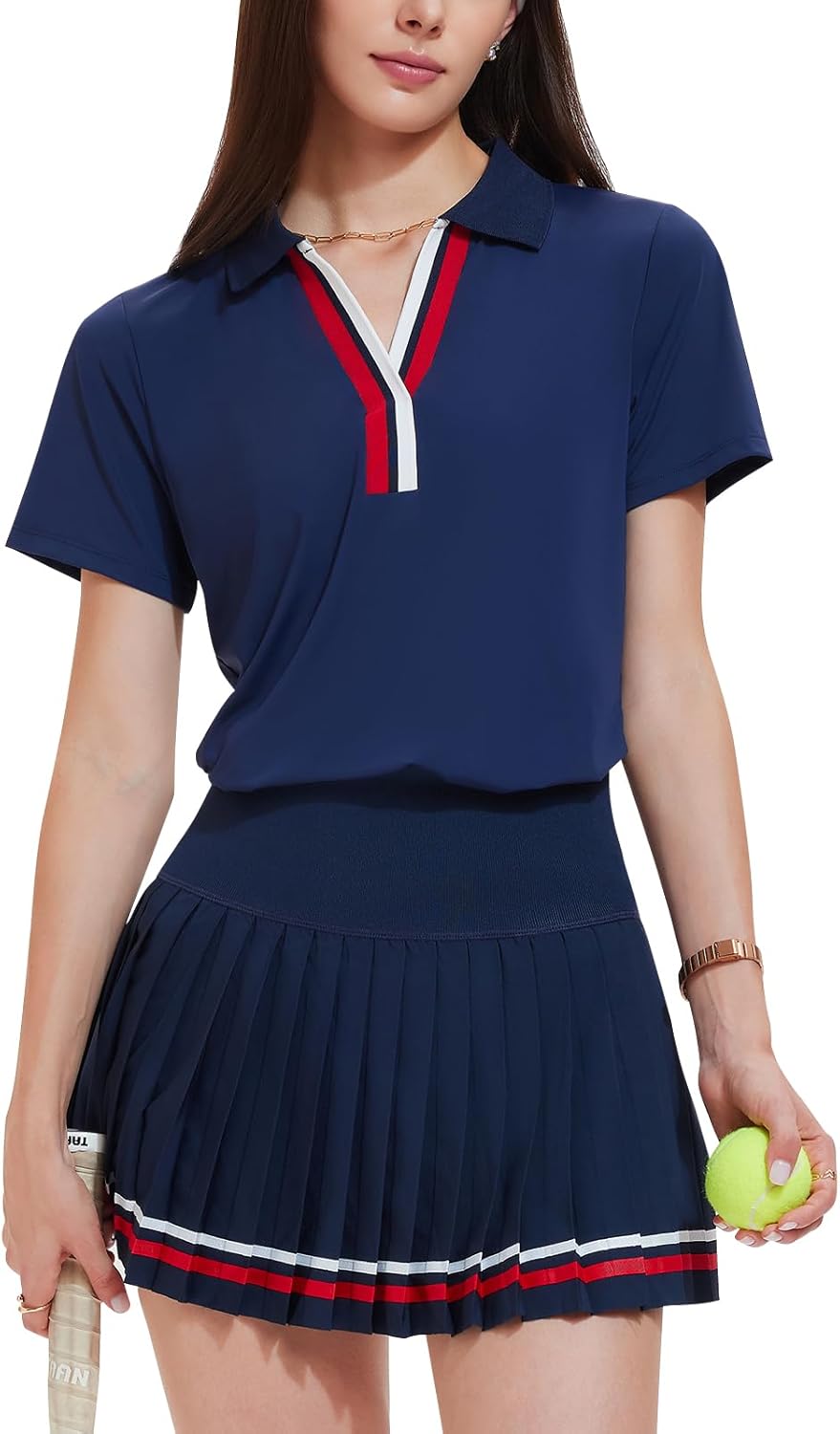 Women 2 Piece Tennis Skirt Set Pleated Golf Outfit, Polo V-Neck Athletic Dress Alternative Skort Set for Pickleball Pockets