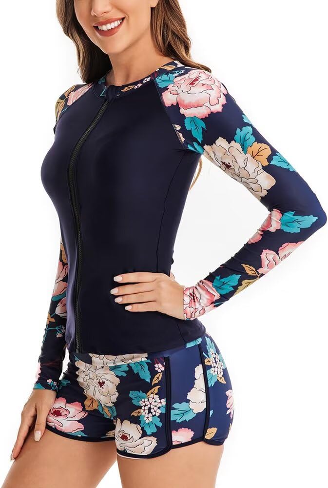 Women Plus Size 2 Piece Rash Guard Print Zip Front Bathing Suit Swimsuit UPF 50,Womens One Piece Swimsuits