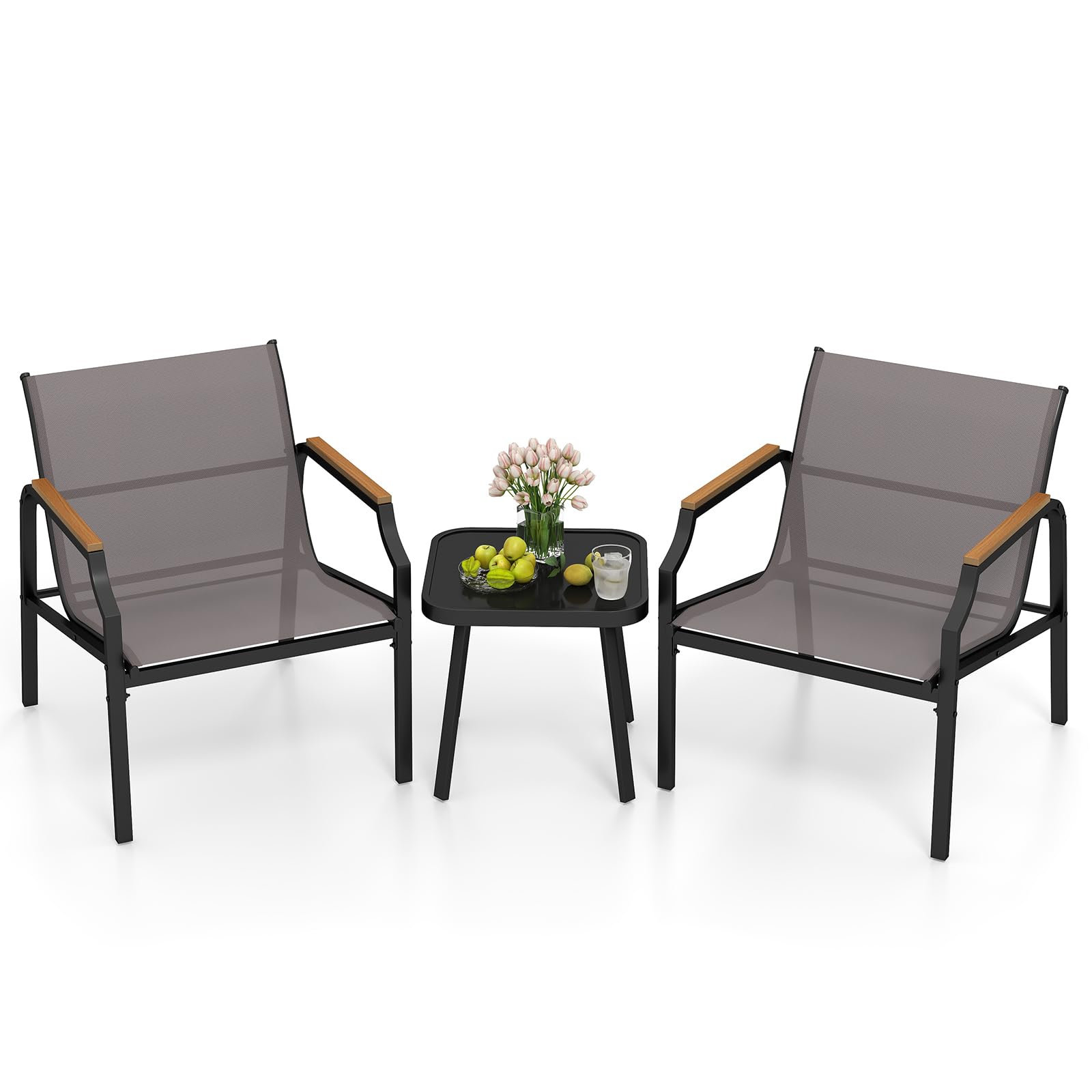 RELAX4LIFE Tavolo da Giardino con Sedie, Tavolino Salotto con Piano in Vetro Temperato e 2 Poltrona Moderne in Tessuto Traspirante, Set Bistrò 3 Pezzi per Terrazza/Patio/Balcone, Portata 150KG+50KG