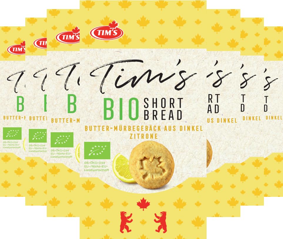 Tims Feines Bio Shortbread Zitrone 7x 165 g I Original Kanadische Butterkekse I Buttriges, süßes Dinkel-Mürbteiggebäck ohne Konservierungsstoffe I Traditionelle kanadische Backwaren Made in Germany
