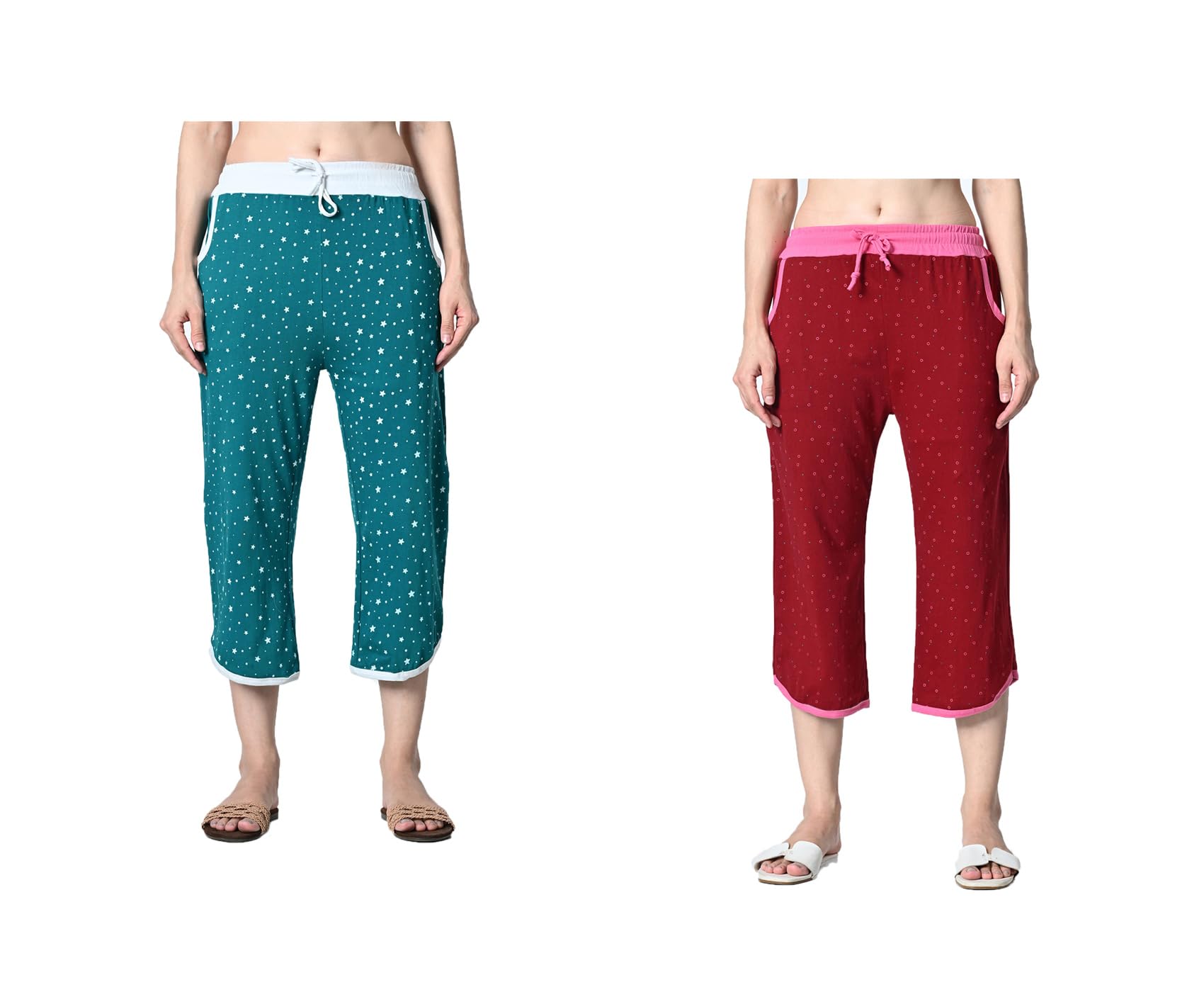 kayu Pack of 2 Women’s Cotton Printed Nightwear Capri with Both Side Pockets, Elastic Waist & Drawstring Nada, Soft Comfortable Sleepwear Capri Multicolor-picture-20