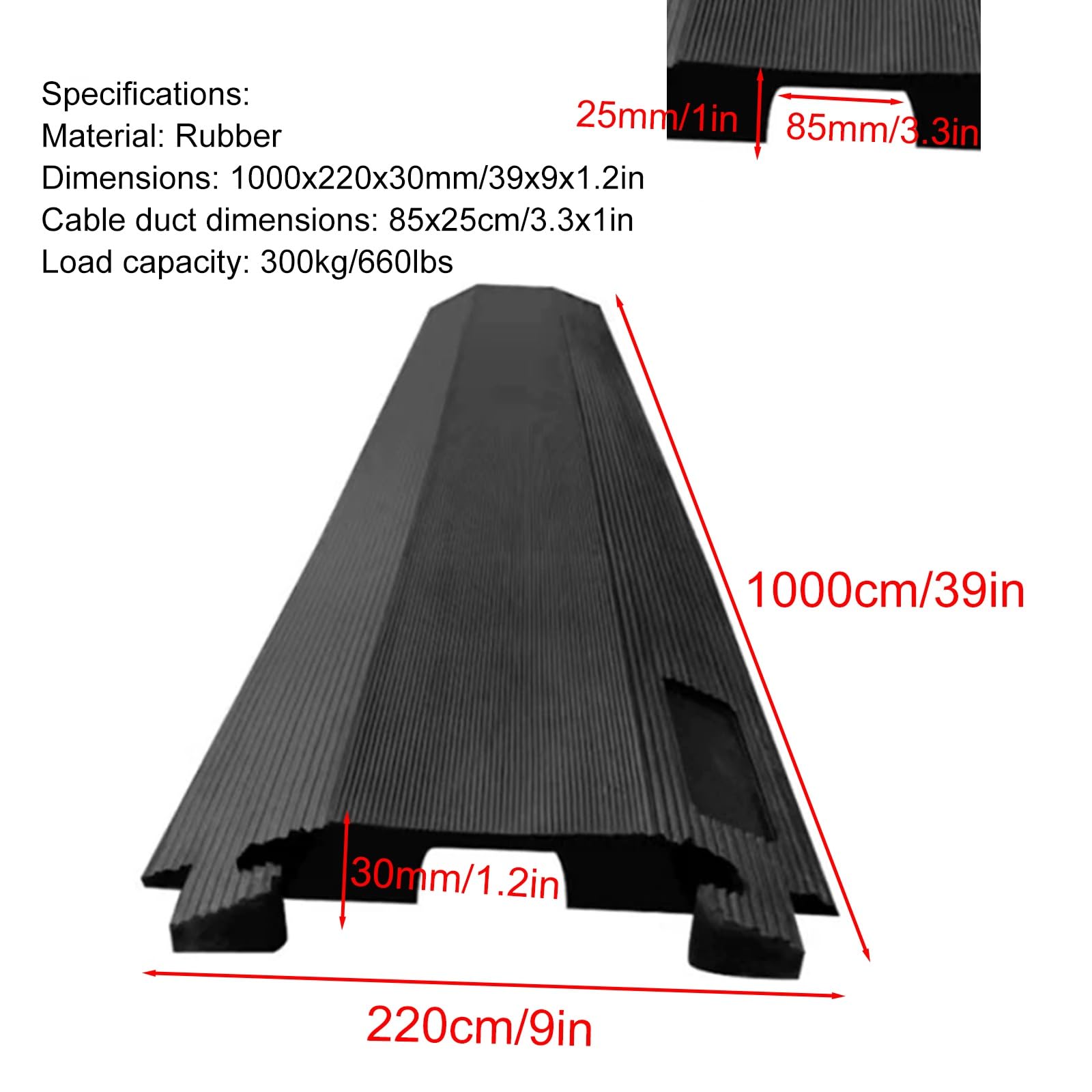 Canaleta Cables Suelo de 1 Canal, Protector Cable de Goma para Pasar Sobre Ellos, Rampas para Coches Modular Antideslizante Negra de 1000 Mm, Soporta 300 Kg para Mangueras(1000x220x30mm/39x9x1.2in)