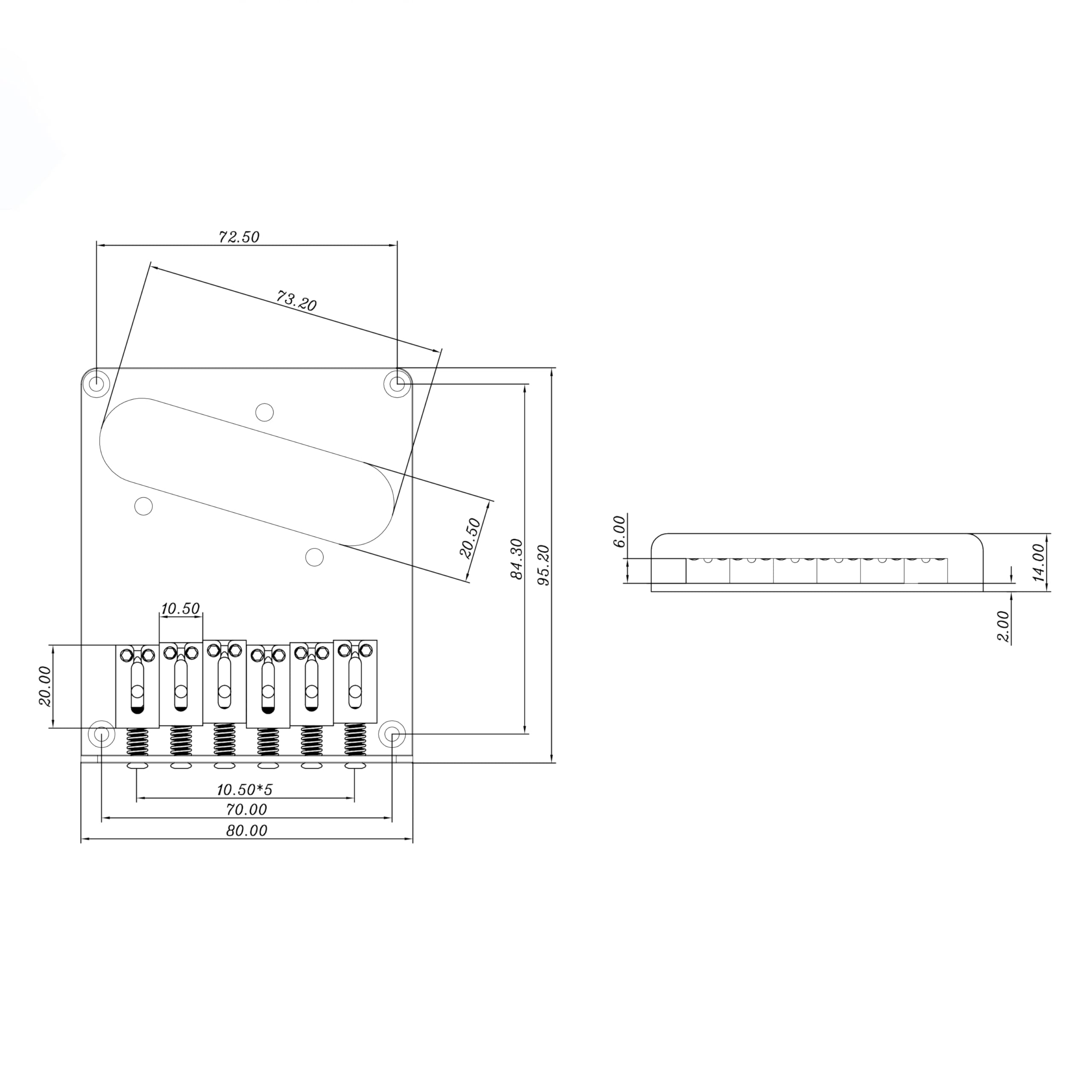 Puente de guitarra eléctrica fijo de acero inoxidable grabado de 10,5 mm con orificio de pastilla único, puente rígido de 6 cuerdas para guitarra eléctrica Telecaster Tele TL, piezas de repuesto