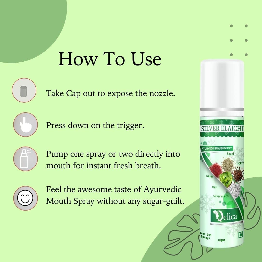 Qelica Silver Elachi Ayurvedic Mouth Spray for Oral Hygiene Fresh Breath 100+ Spray for Men and Women Long Lasting, Pocket Friendly Pure & Natural 3
