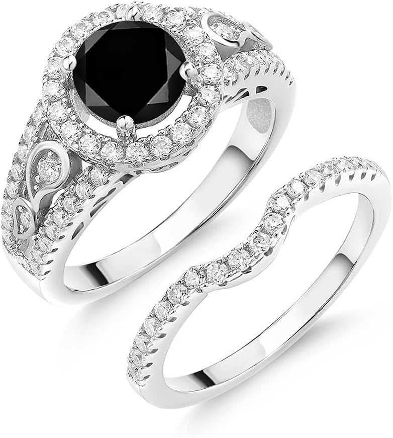 Gem Stone King 1.84 Cttw Round Black Diamond and White Moissanite Wedding Engagement Ring Band Bridal Set For Women | 925 Silver | Wedding Engagement Anniversary Promise Ring For Women