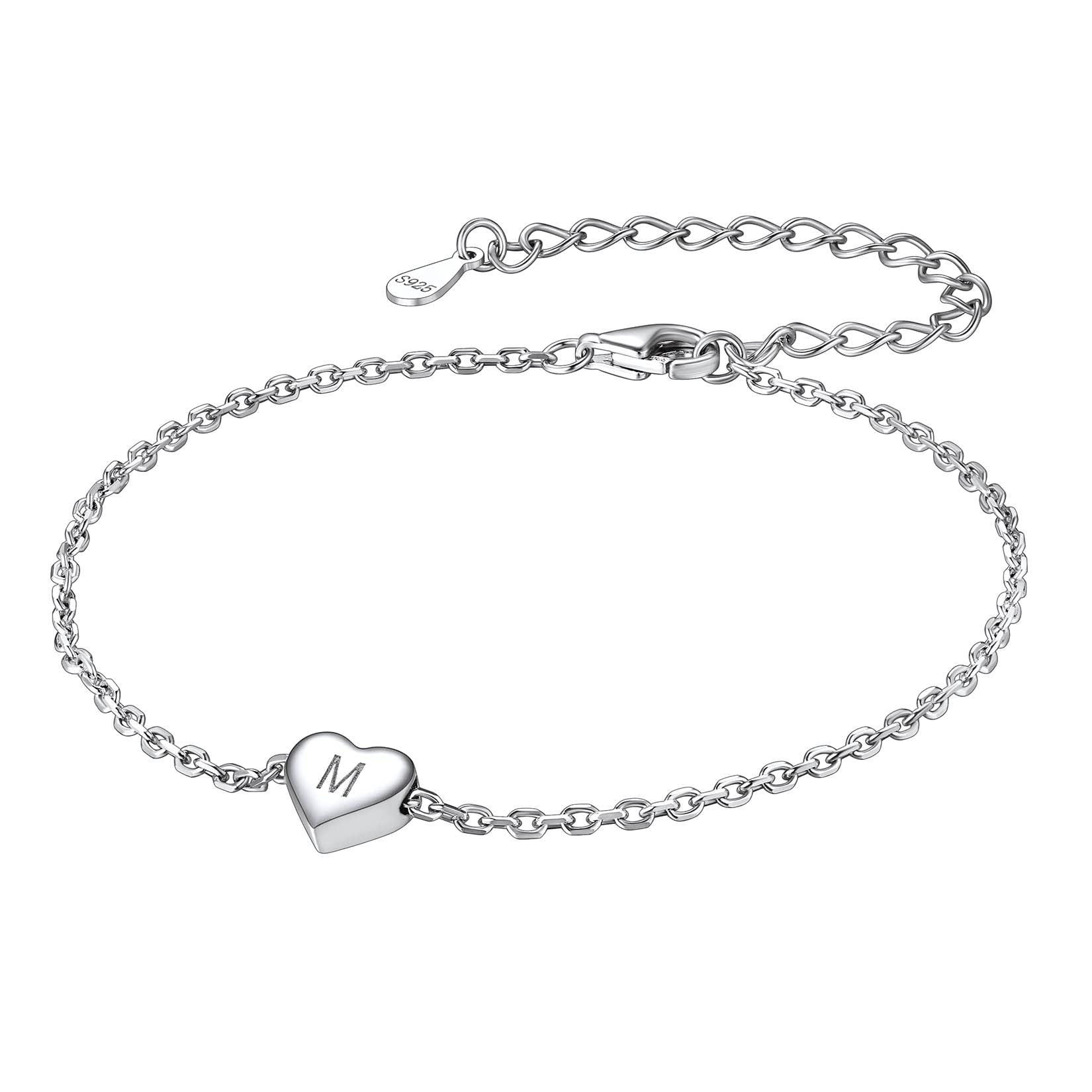 925 Sterling Silver Adjustable A-Z Letter Initial Heart Chain Charm Bracelet for Women Girls (with Gift Box)