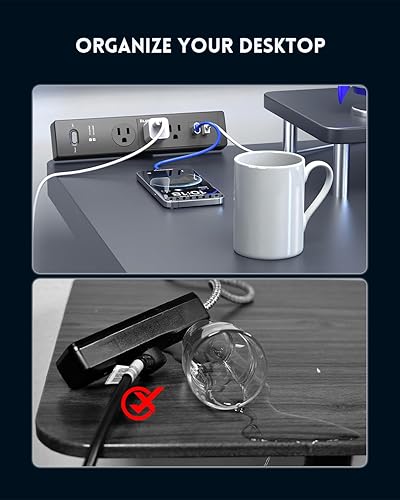 Miniatura 6 de PLUGTUL Regleta de alimentación con abrazadera de escritorio de 6 pies, estación de salida con 3 tomas, carga rápida PD de 20 W, enchufe plano,