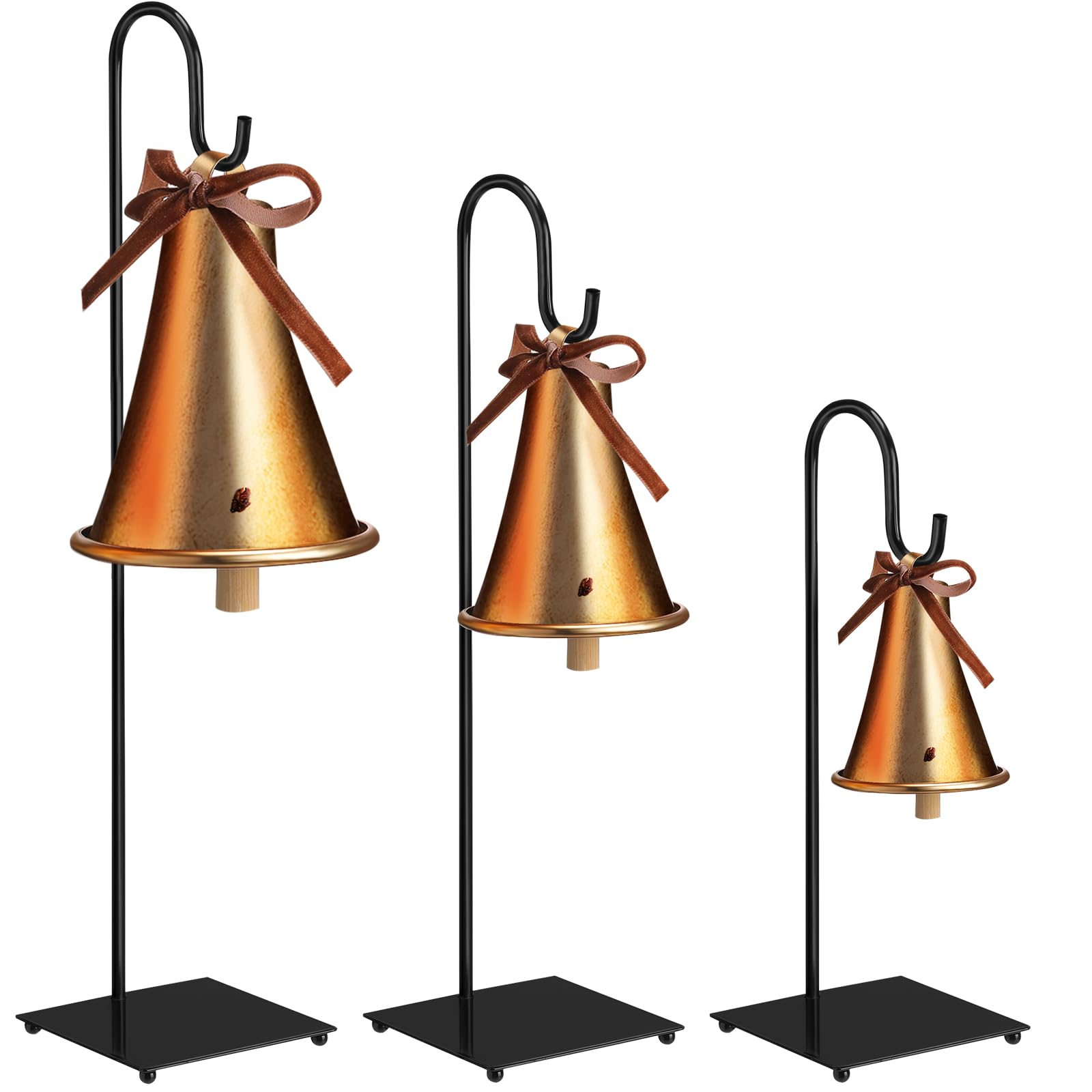 Amyhill 3 Pcs Christmas Decorative Bells Stands Table Decor Metal Vintage Inspired Bells Stands with Velvet Bow for Rustic Christmas Hanging for Xmas Table Window(Fresh)